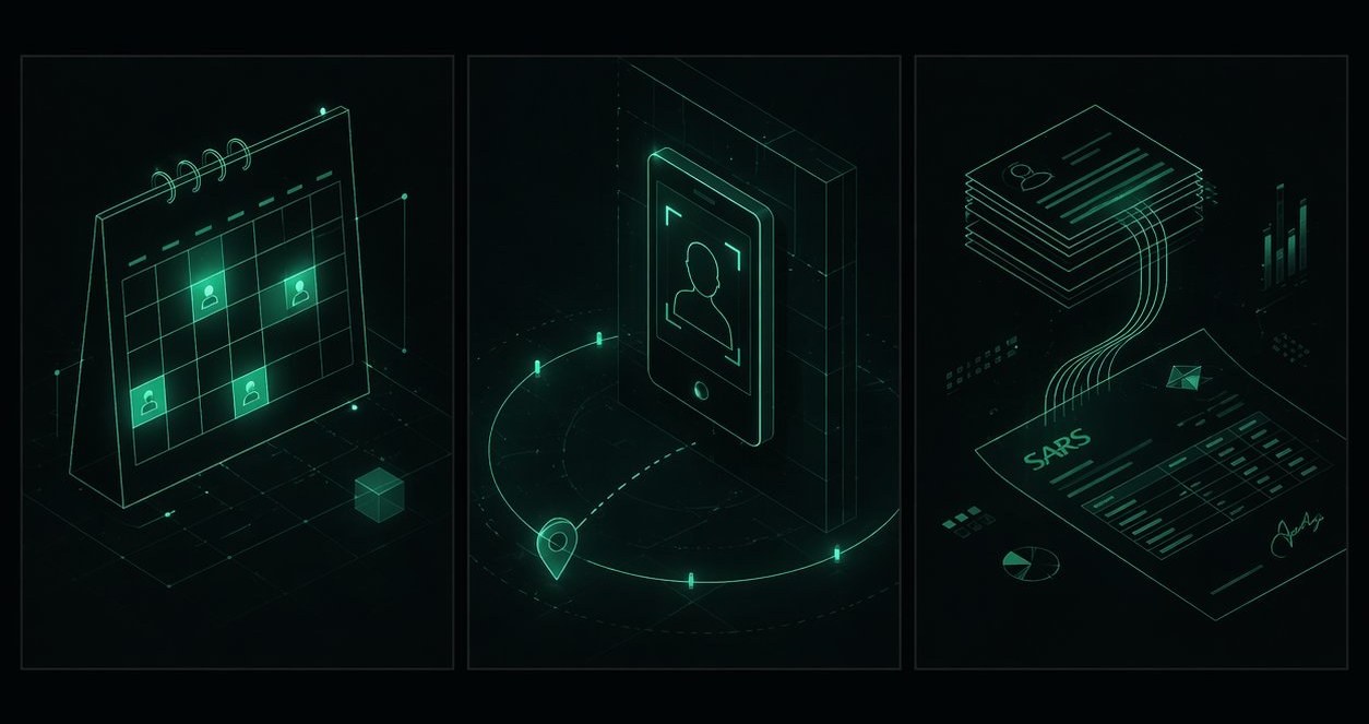 The three Quantum pillars — scheduling calendar, attendance kiosk with geo-fence, payroll documents