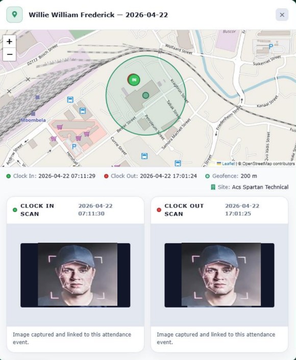 Clock-in and clock-out audit record with GPS map, timestamps and employee photos